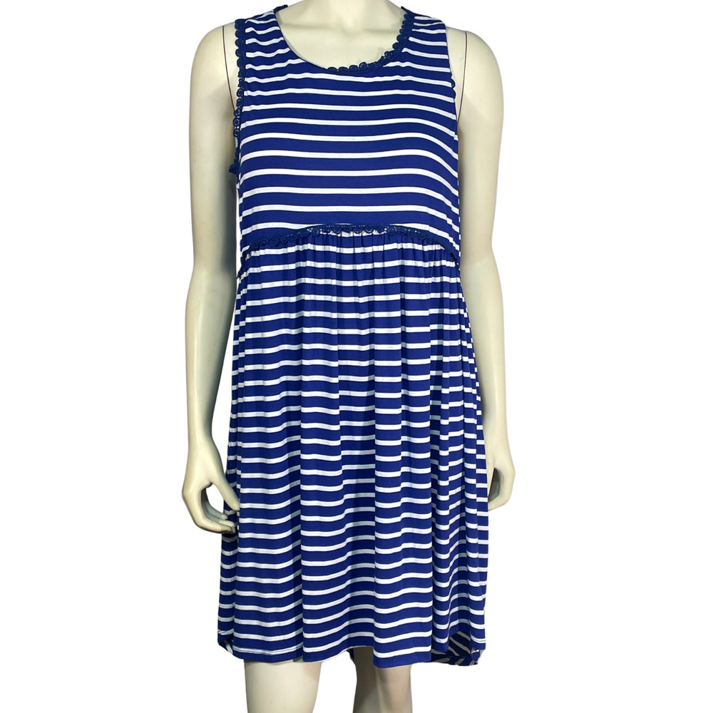 Jodifl Sz S Tank Dress Nautical Blue & White Stripes Stretch Knit Exposed Zipper